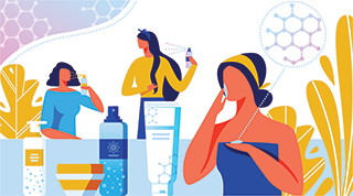Illustration of women and beauty products