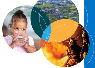 Climate Change Abstract with picture of child drinking water, firefighters fighting fire, and aerial view of land