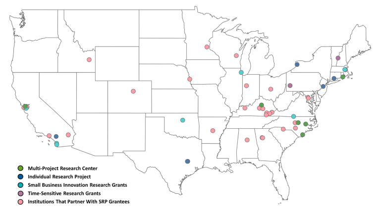 Map of the U.S. indicating current and past SRP-funded projects related to PFAS.