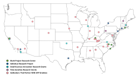 Map of the U.S. denoting SRP-funded researchers that explore the health effects of PFAS