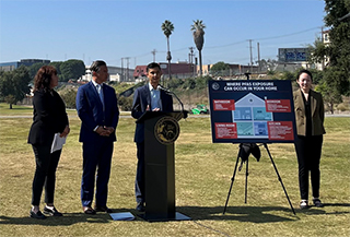 Aung, third from left, was invited by California Attorney General Rob Bonta, second from left, to discuss health risks associated with PFAS during a press conference on a new bill to regulate PFAS labeling in consumer products