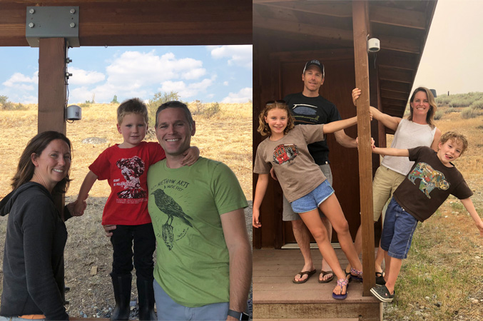 Two pictures of families in the Methow Valley, happy and smiling
