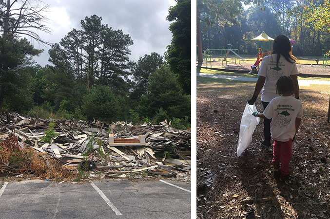 a pile of debris at the edge of parking spaces (left) and two people carrying a trash bag through a park (right)