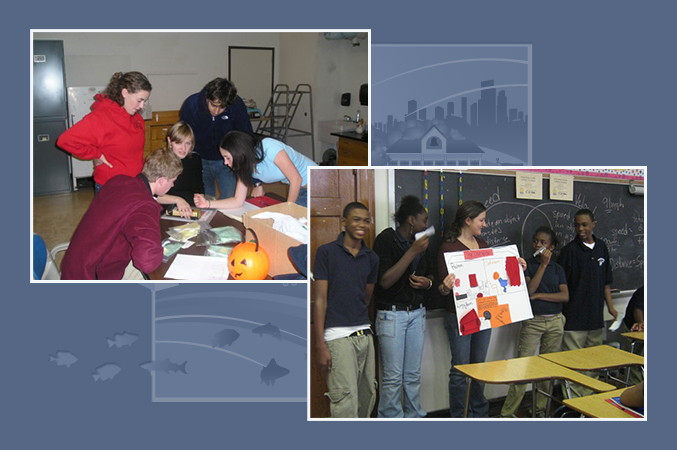 a group of people gathered around a table (left) and a group of people at the front of a classroom holding a poster (right)