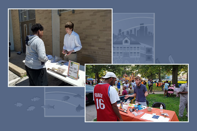 two people standing at a table outdoors and talking (left) and two people standing at a table outdoors and talking with a crowd in the background (right)