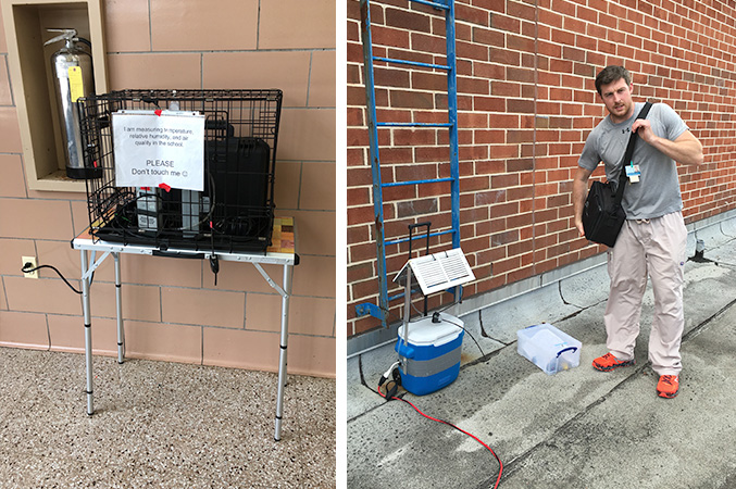 Equipment sitting on a small table (left) and a person standing outside next to a ladder attached to an exterior brick wall (right)