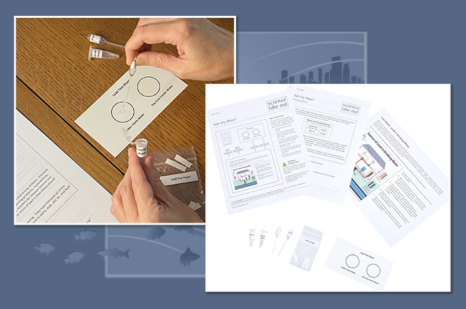 hands holding and using a test kit (left) and test kit materials and documentation (right)