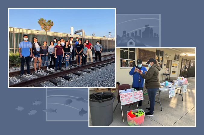 a group of people posing for photo on railroad tracks (left) and two people having a discussion (right)