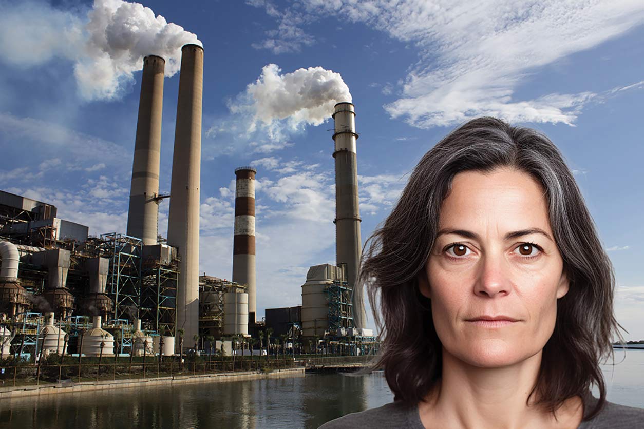 depressed woman with smole-emitting factory behind her