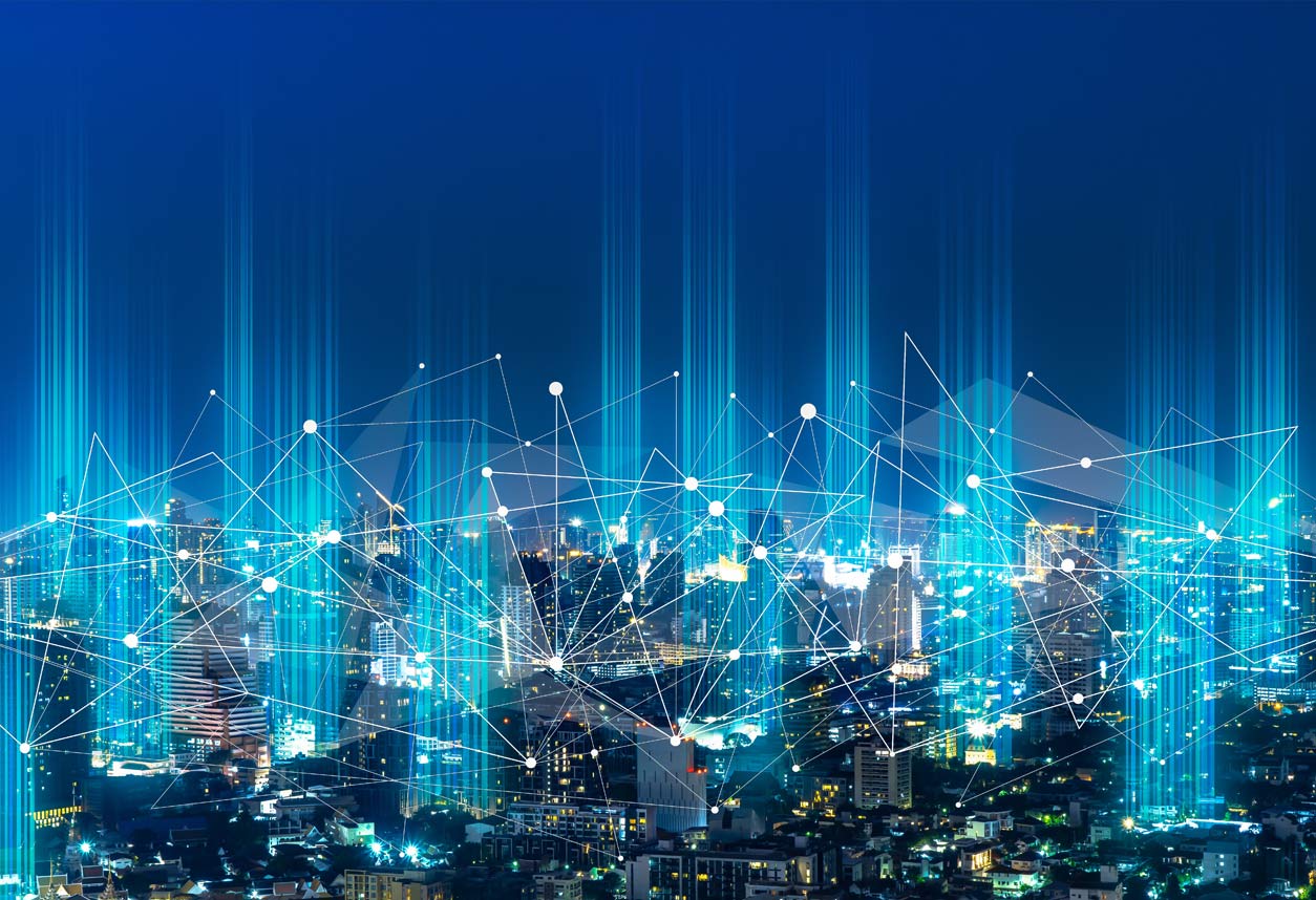 depiction of 5G network over a city