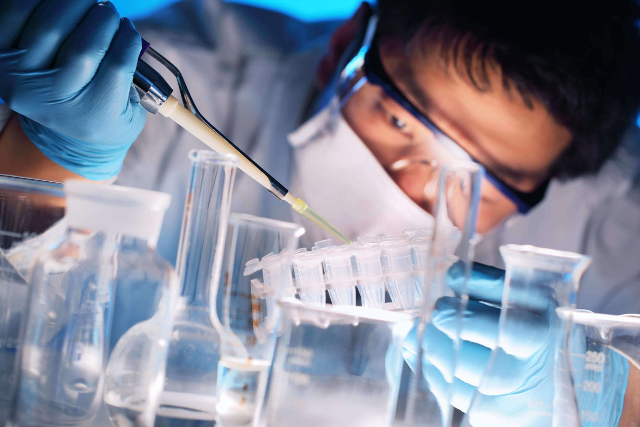 scientist holds and examines samples