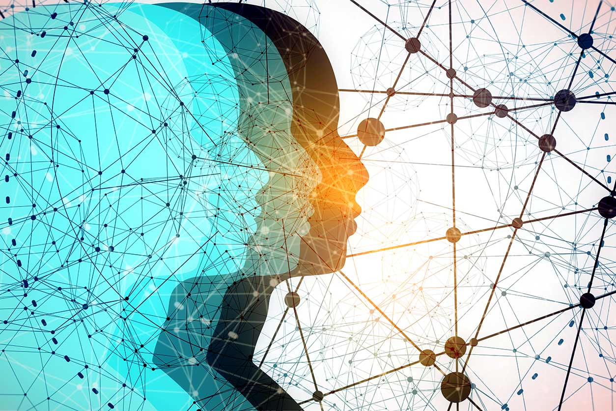 silhouettes of 3 heads and connected lines with dots