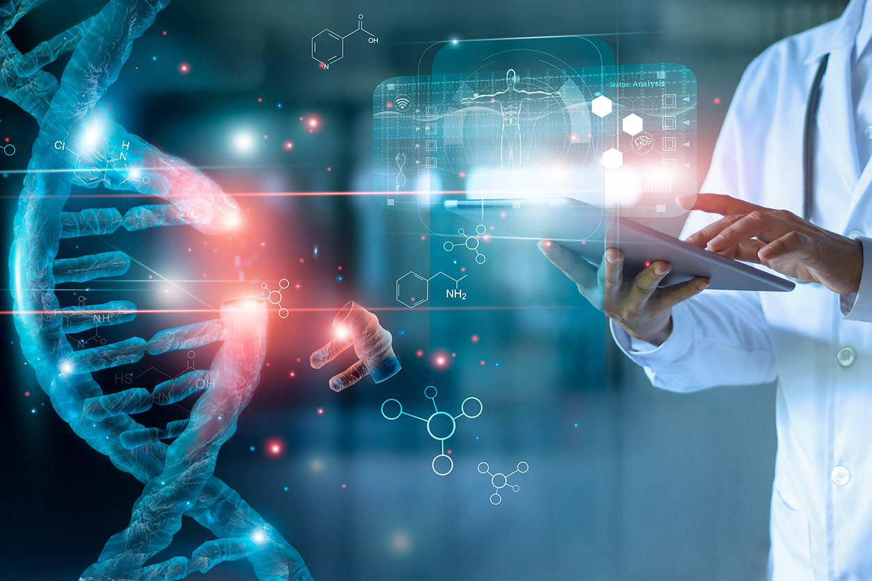 doctor touching electronic medical record on tablet and DNA strand
