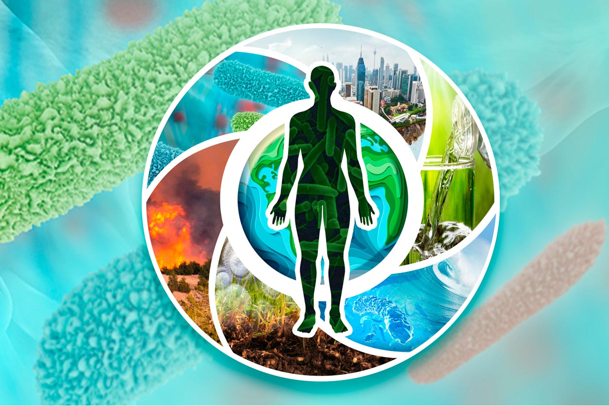 human body silhouette over images of the environment in a circle