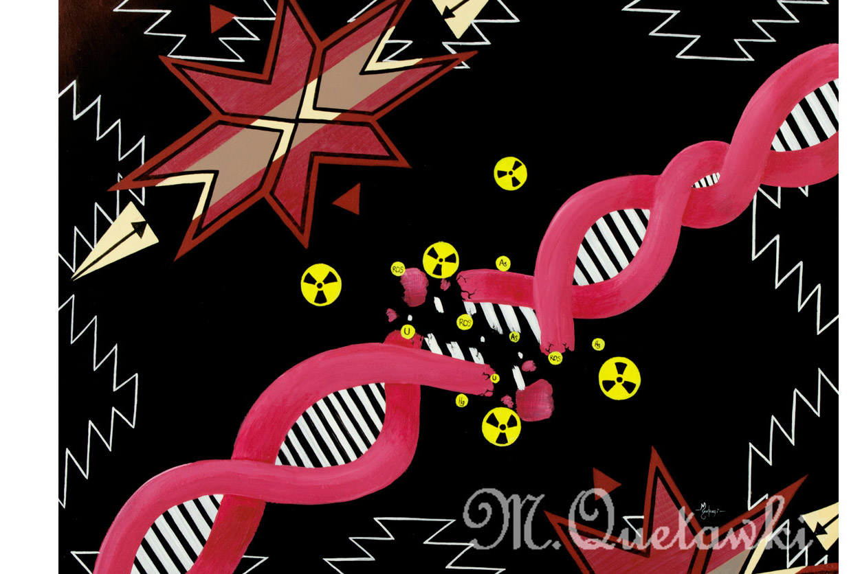 how environmental contaminants cause damage to a strand of DNA is depicted using tribal symbolism