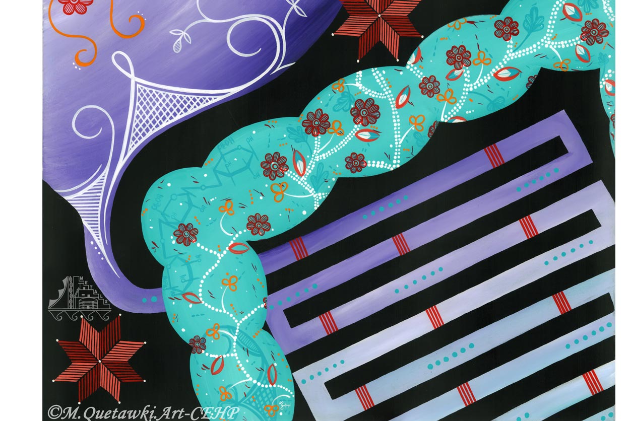tribal symbolism depicting gut microbiome populated by diverse bacteria