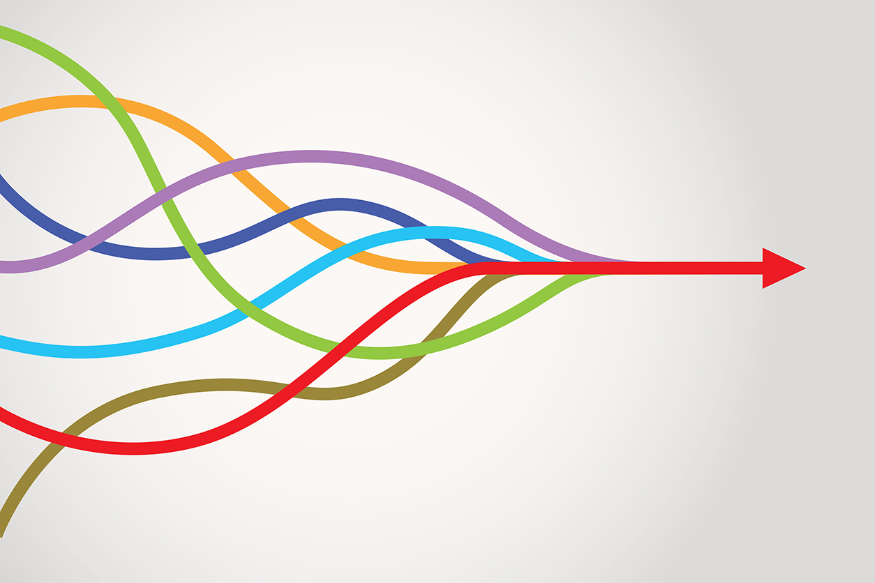 multi-color lines merge and form a red arrow