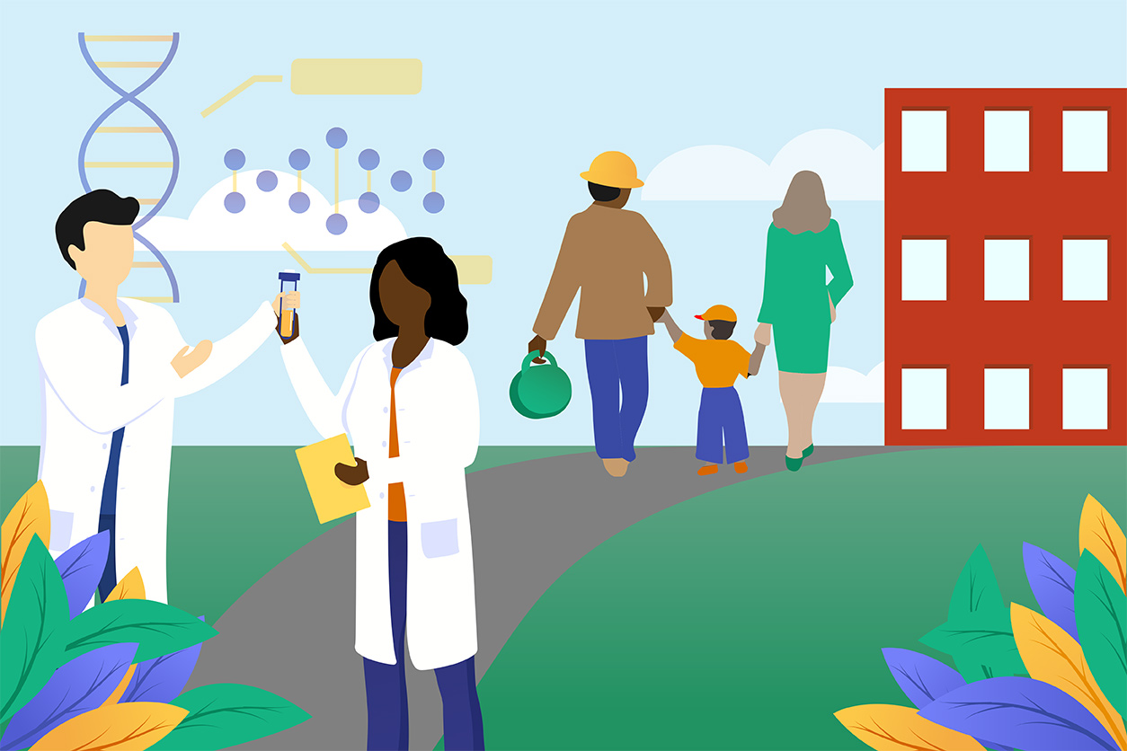 collage of drawings consisting of scientist, dna, families and environment