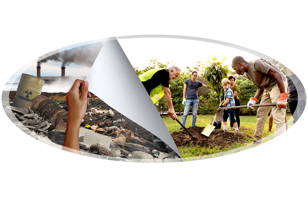 Trash and pollution with another picture of Community members working together to clean up environment