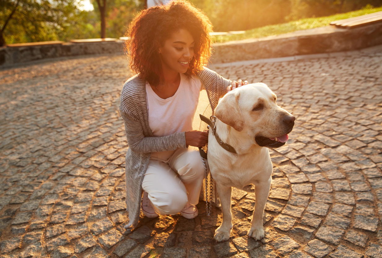 Woman and her dog in the late afternoon sun