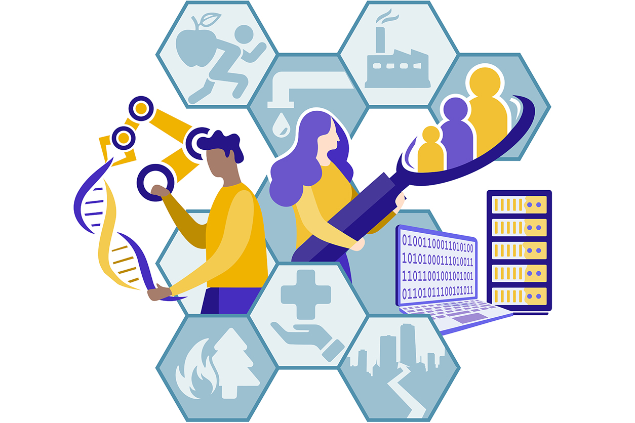 Illustration showing woman holding large magnifying glass and man manipulating dna