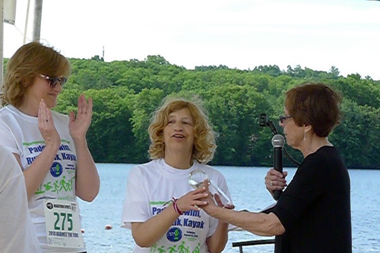 Cheryl Osimo, right, presented Margo Simon Golden, middle, with an appreciation award. On left, MBCC Board President Barbara Malkas, Ed.D., looks on.