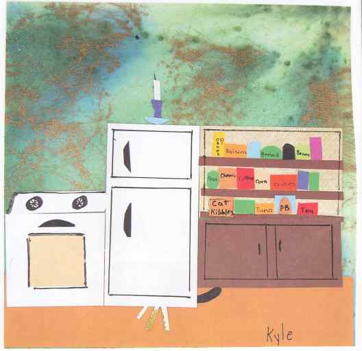 Kitten hiding behind the refrigerator.