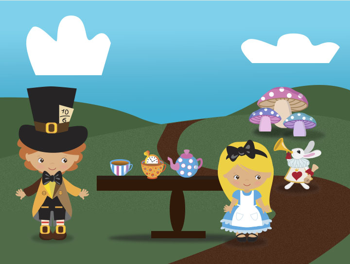 cartoon of Alice, the Mad Hatter, and White Rabbit standing by a table
